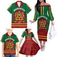 Morocco Proclamation Day Family Matching Off Shoulder Long Sleeve Dress and Hawaiian Shirt Marruecos Coat of Arms Roses Pattern - Wonder Print Shop