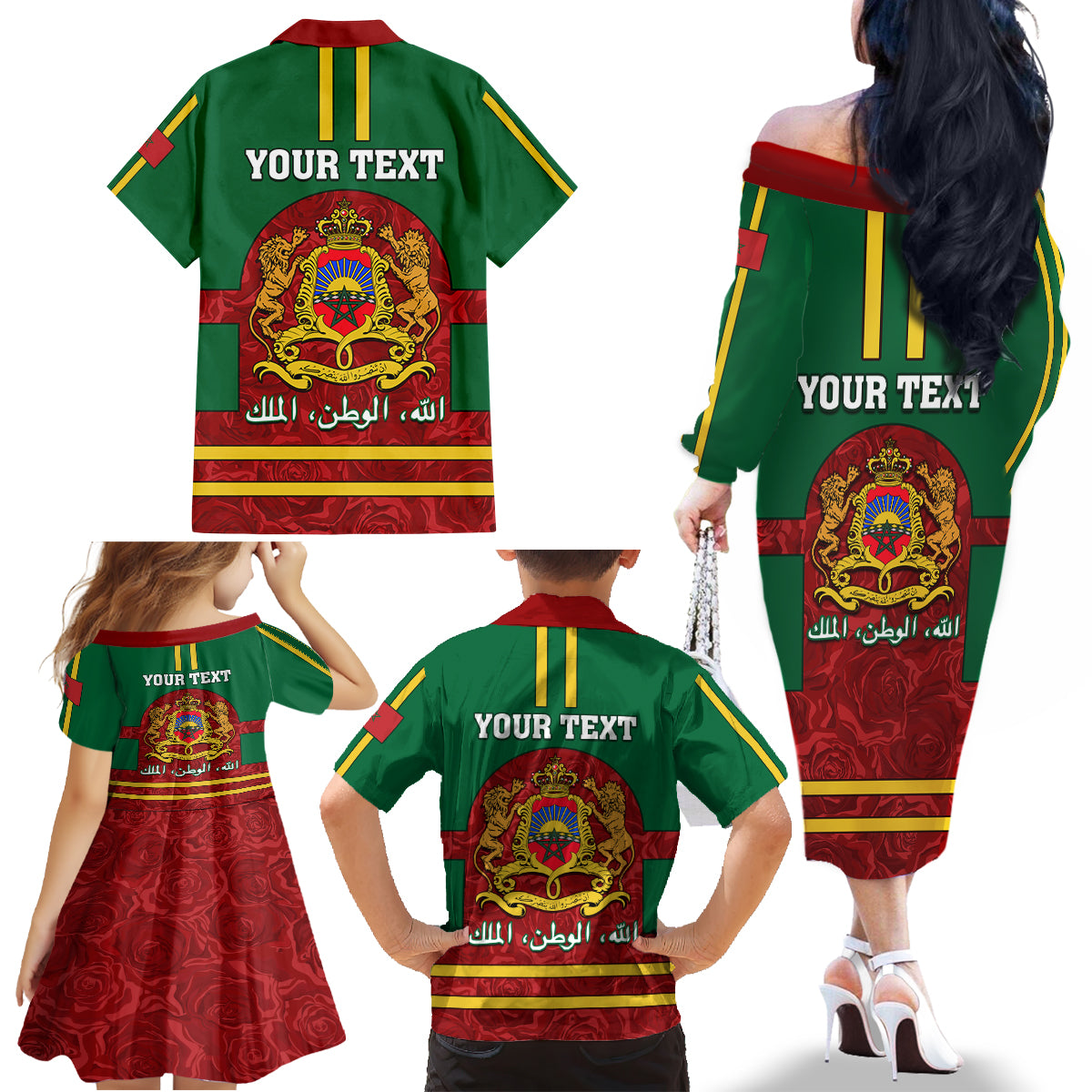 Morocco Proclamation Day Family Matching Off Shoulder Long Sleeve Dress and Hawaiian Shirt Marruecos Coat of Arms Roses Pattern - Wonder Print Shop