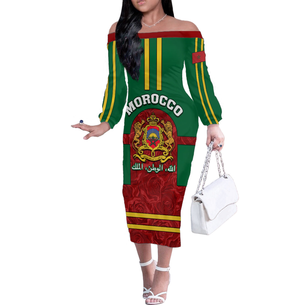 Morocco Proclamation Day Family Matching Off Shoulder Long Sleeve Dress and Hawaiian Shirt Marruecos Coat of Arms Roses Pattern - Wonder Print Shop
