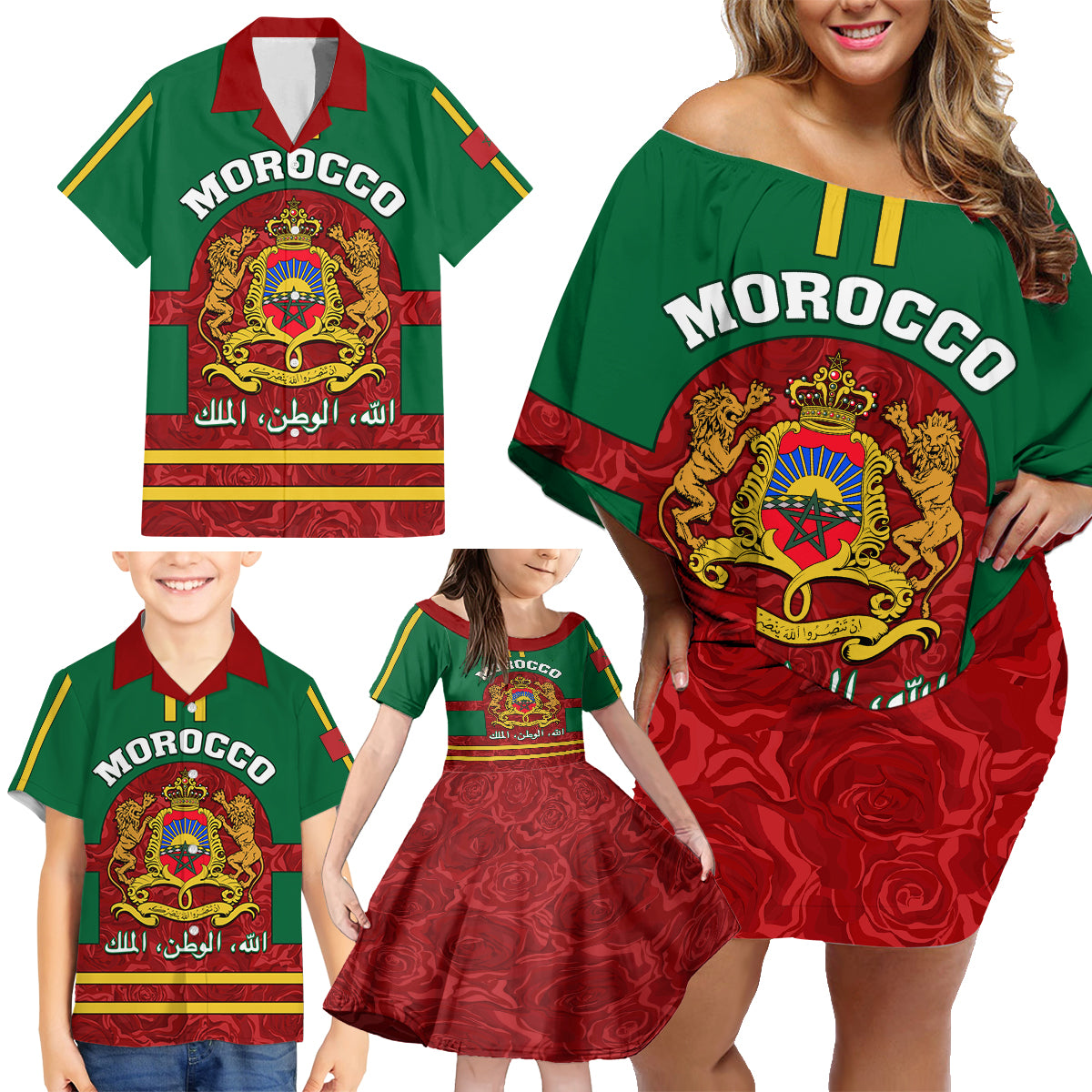 Morocco Proclamation Day Family Matching Off Shoulder Short Dress and Hawaiian Shirt Marruecos Coat of Arms Roses Pattern - Wonder Print Shop
