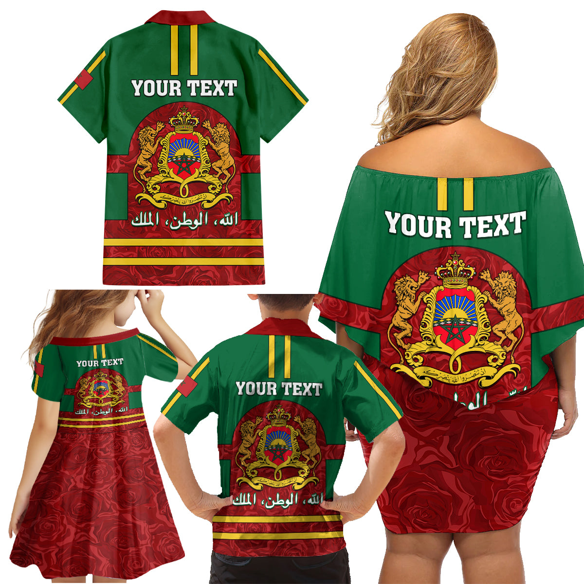 Morocco Proclamation Day Family Matching Off Shoulder Short Dress and Hawaiian Shirt Marruecos Coat of Arms Roses Pattern - Wonder Print Shop
