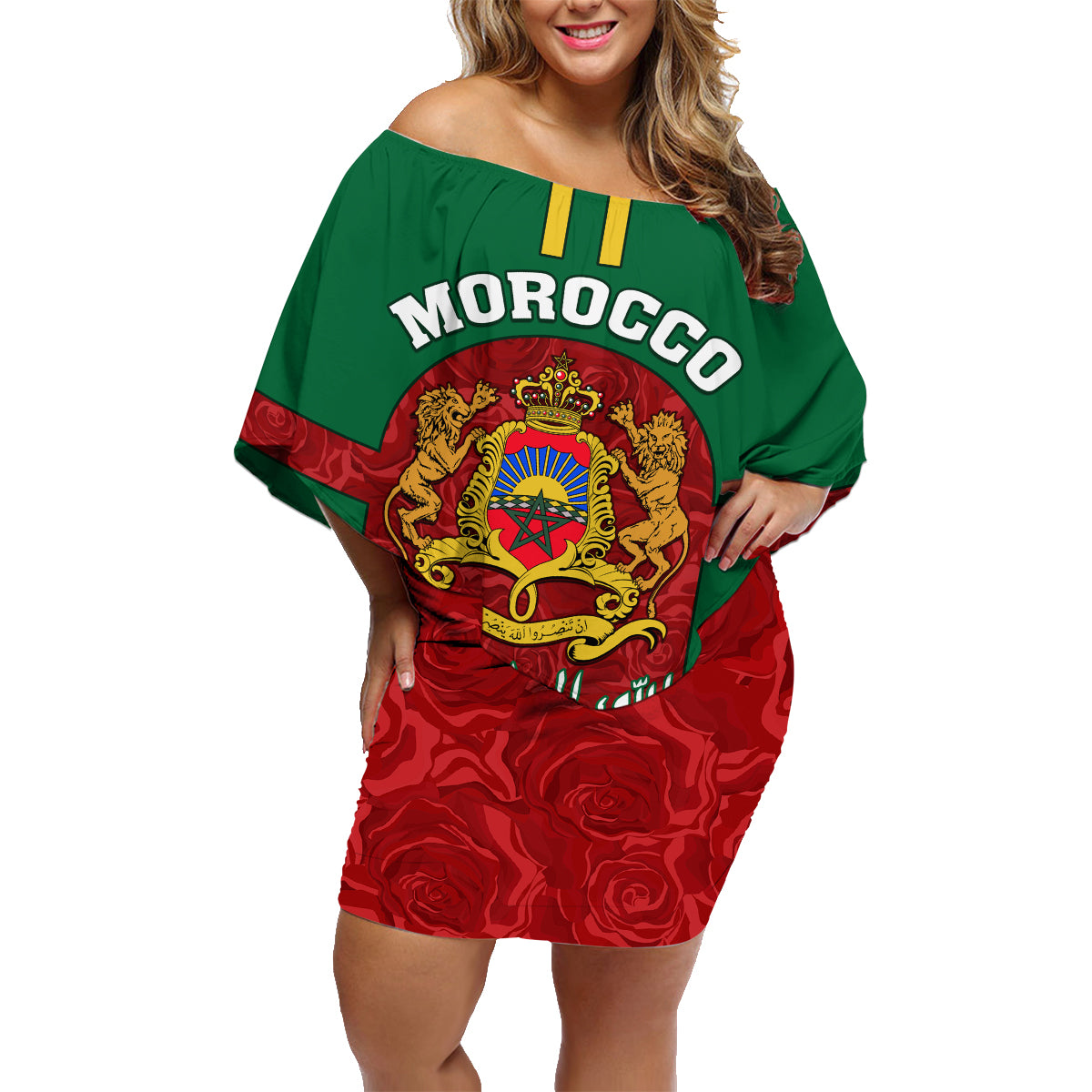 Morocco Proclamation Day Family Matching Off Shoulder Short Dress and Hawaiian Shirt Marruecos Coat of Arms Roses Pattern - Wonder Print Shop