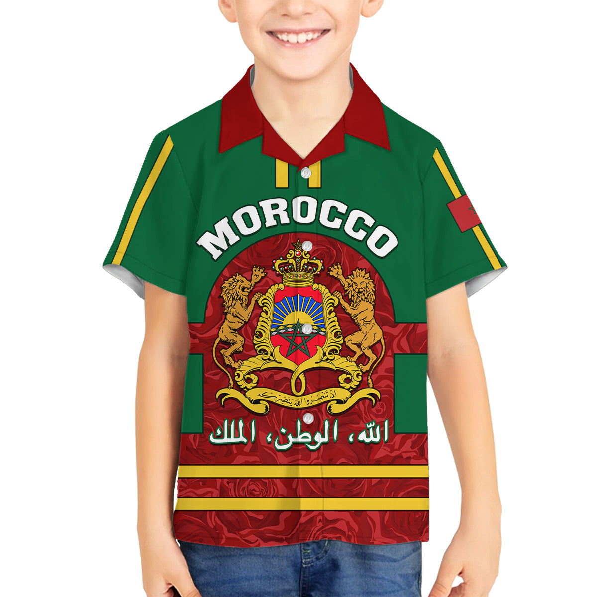 Morocco Proclamation Day Family Matching Off Shoulder Short Dress and Hawaiian Shirt Marruecos Coat of Arms Roses Pattern - Wonder Print Shop