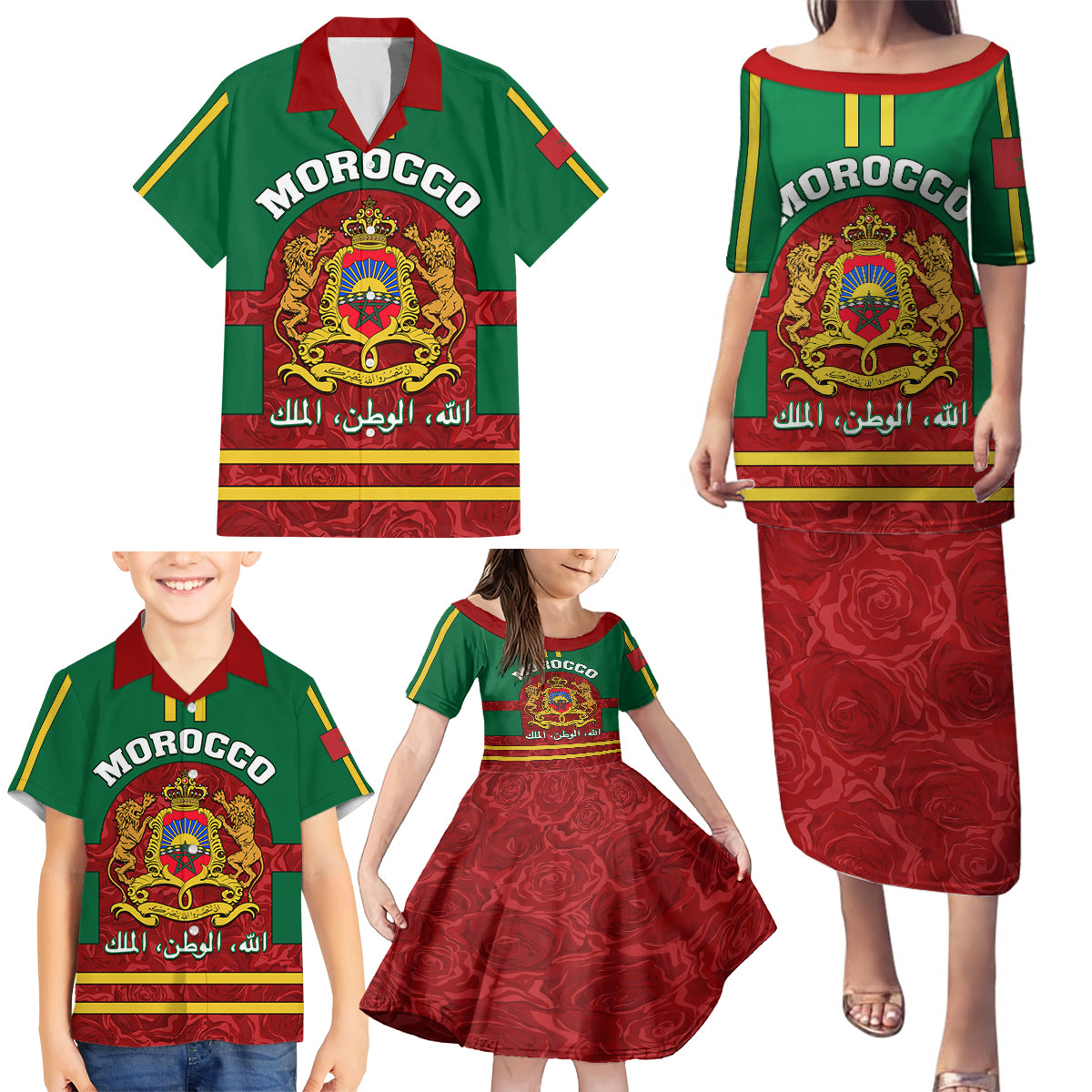 Morocco Proclamation Day Family Matching Puletasi Dress and Hawaiian Shirt Marruecos Coat of Arms Roses Pattern - Wonder Print Shop