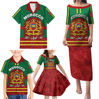 Morocco Proclamation Day Family Matching Puletasi Dress and Hawaiian Shirt Marruecos Coat of Arms Roses Pattern - Wonder Print Shop