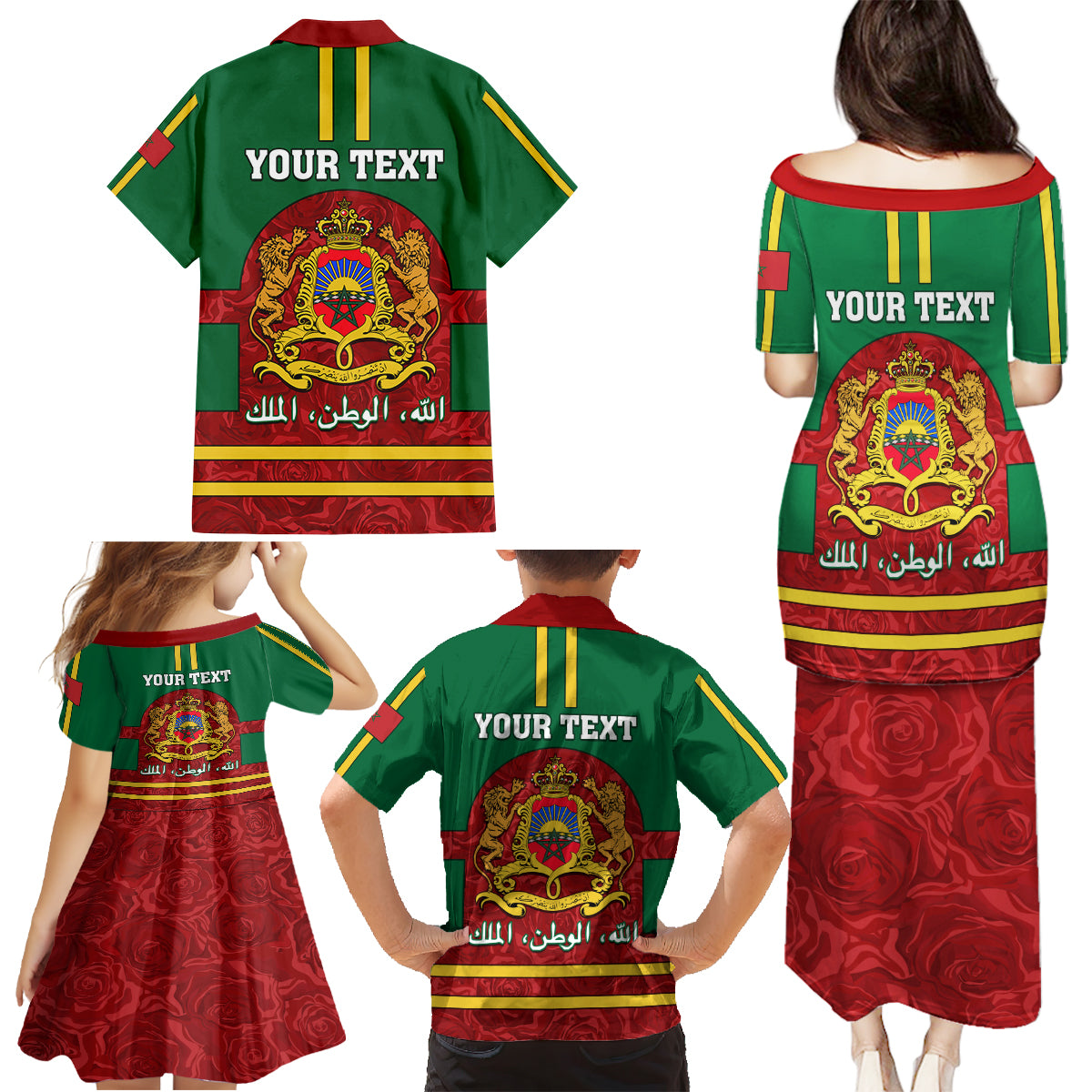 Morocco Proclamation Day Family Matching Puletasi Dress and Hawaiian Shirt Marruecos Coat of Arms Roses Pattern - Wonder Print Shop