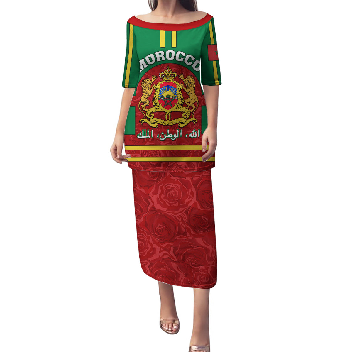 Morocco Proclamation Day Family Matching Puletasi Dress and Hawaiian Shirt Marruecos Coat of Arms Roses Pattern - Wonder Print Shop