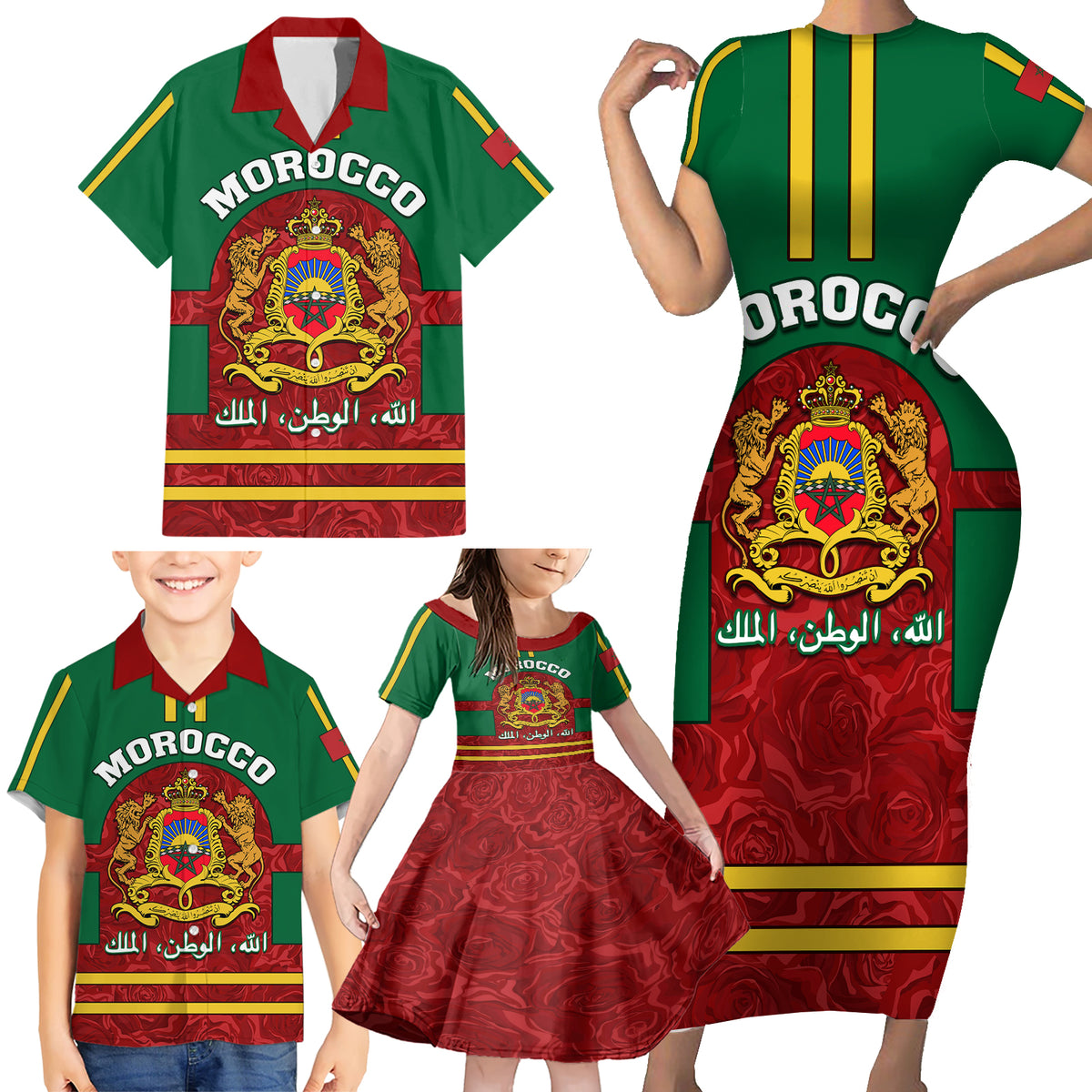 Morocco Proclamation Day Family Matching Short Sleeve Bodycon Dress and Hawaiian Shirt Marruecos Coat of Arms Roses Pattern - Wonder Print Shop