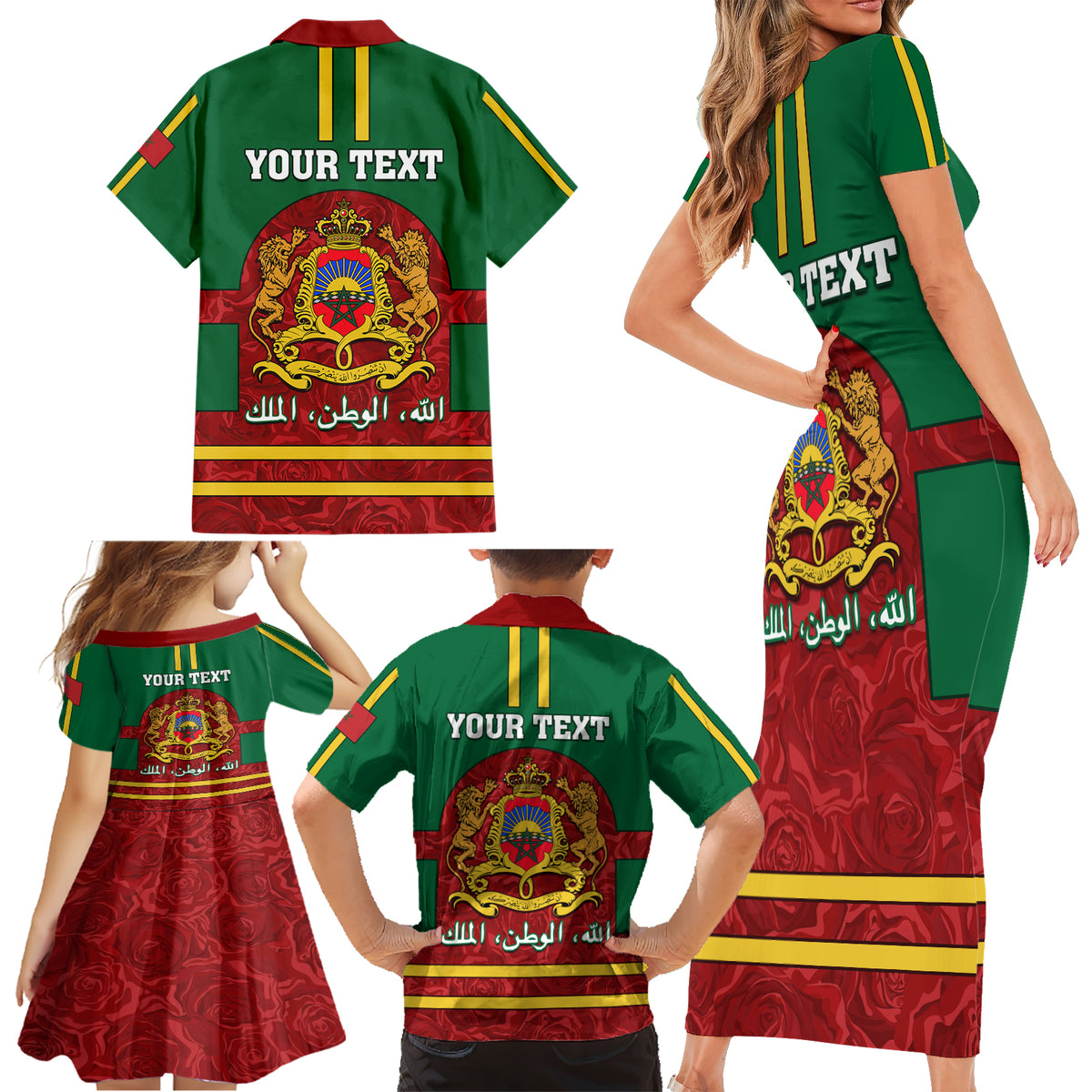 Morocco Proclamation Day Family Matching Short Sleeve Bodycon Dress and Hawaiian Shirt Marruecos Coat of Arms Roses Pattern - Wonder Print Shop