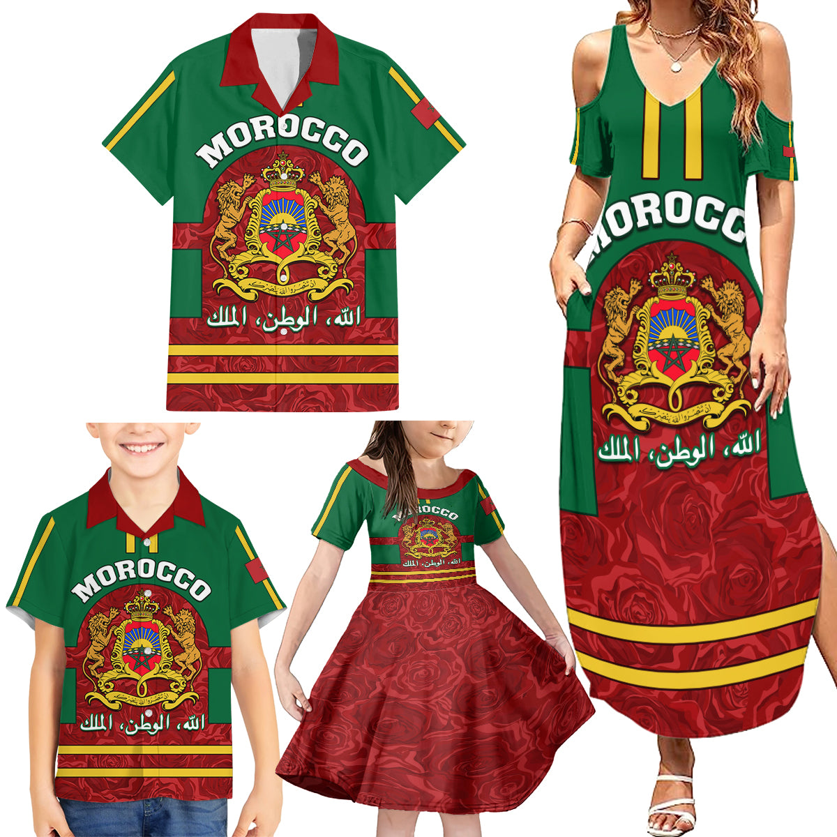 Morocco Proclamation Day Family Matching Summer Maxi Dress and Hawaiian Shirt Marruecos Coat of Arms Roses Pattern - Wonder Print Shop