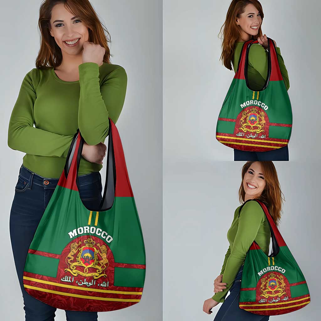 Morocco Proclamation Day Grocery Bag Marruecos Coat of Arms Roses Pattern