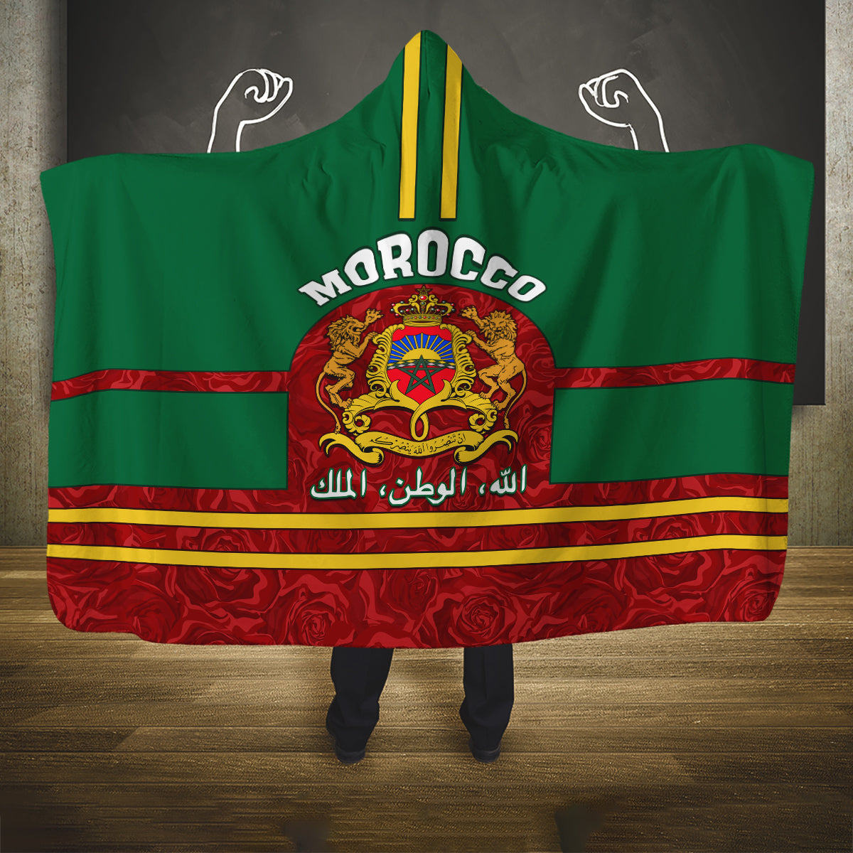 morocco-proclamation-day-hooded-blanket-marruecos-coat-of-arms-roses-pattern