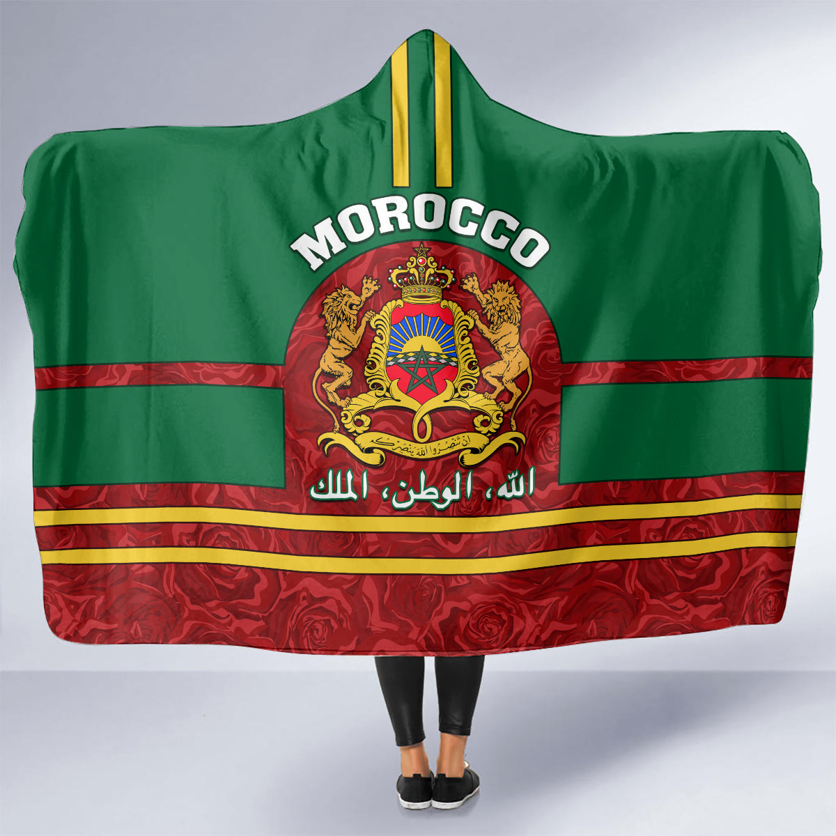 morocco-proclamation-day-hooded-blanket-marruecos-coat-of-arms-roses-pattern