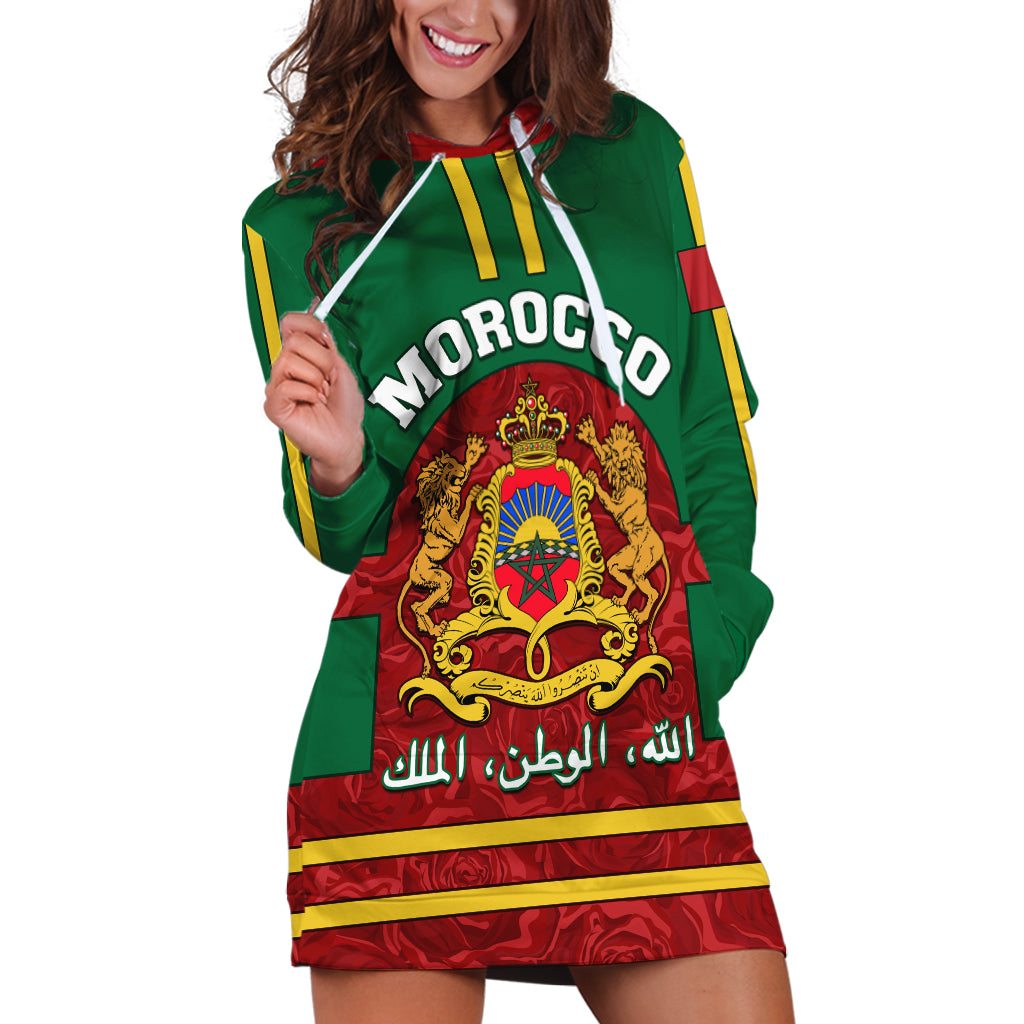 Morocco Proclamation Day Hoodie Dress Marruecos Coat of Arms Roses Pattern - Wonder Print Shop