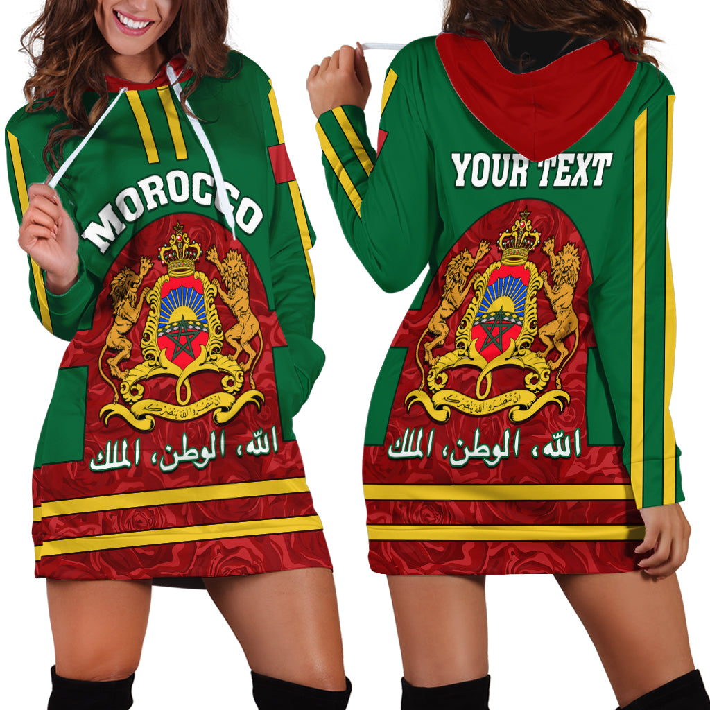 Morocco Proclamation Day Hoodie Dress Marruecos Coat of Arms Roses Pattern - Wonder Print Shop