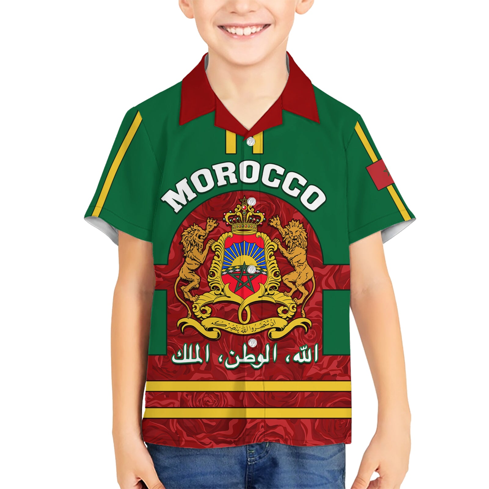 Morocco Proclamation Day Kid Hawaiian Shirt Marruecos Coat of Arms Roses Pattern - Wonder Print Shop