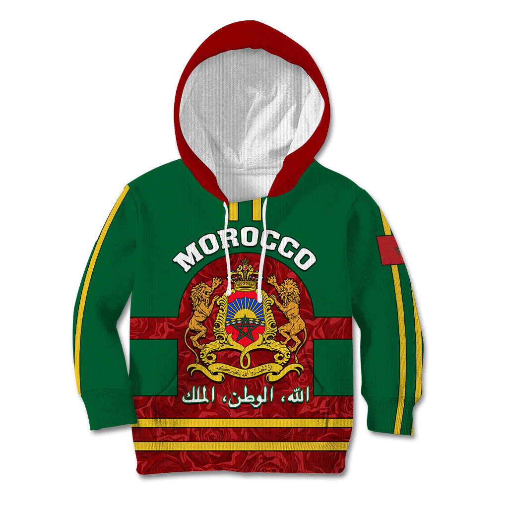 Morocco Proclamation Day Kid Hoodie Marruecos Coat of Arms Roses Pattern - Wonder Print Shop