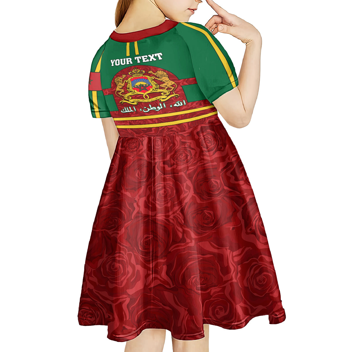 Morocco Proclamation Day Kid Short Sleeve Dress Marruecos Coat of Arms Roses Pattern - Wonder Print Shop