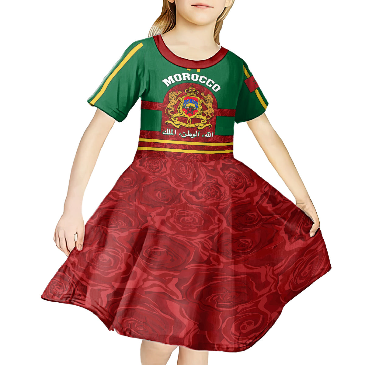 Morocco Proclamation Day Kid Short Sleeve Dress Marruecos Coat of Arms Roses Pattern - Wonder Print Shop