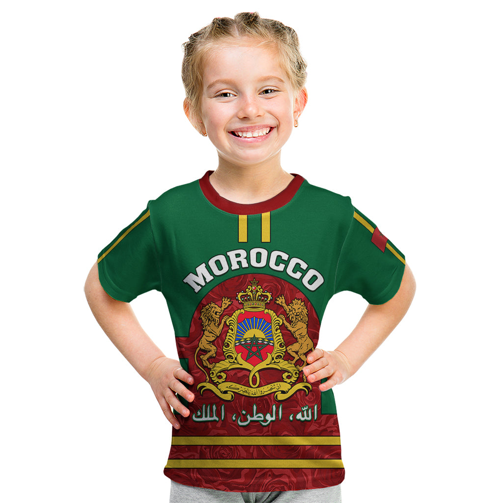 Morocco Proclamation Day Kid T Shirt Marruecos Coat of Arms Roses Pattern - Wonder Print Shop