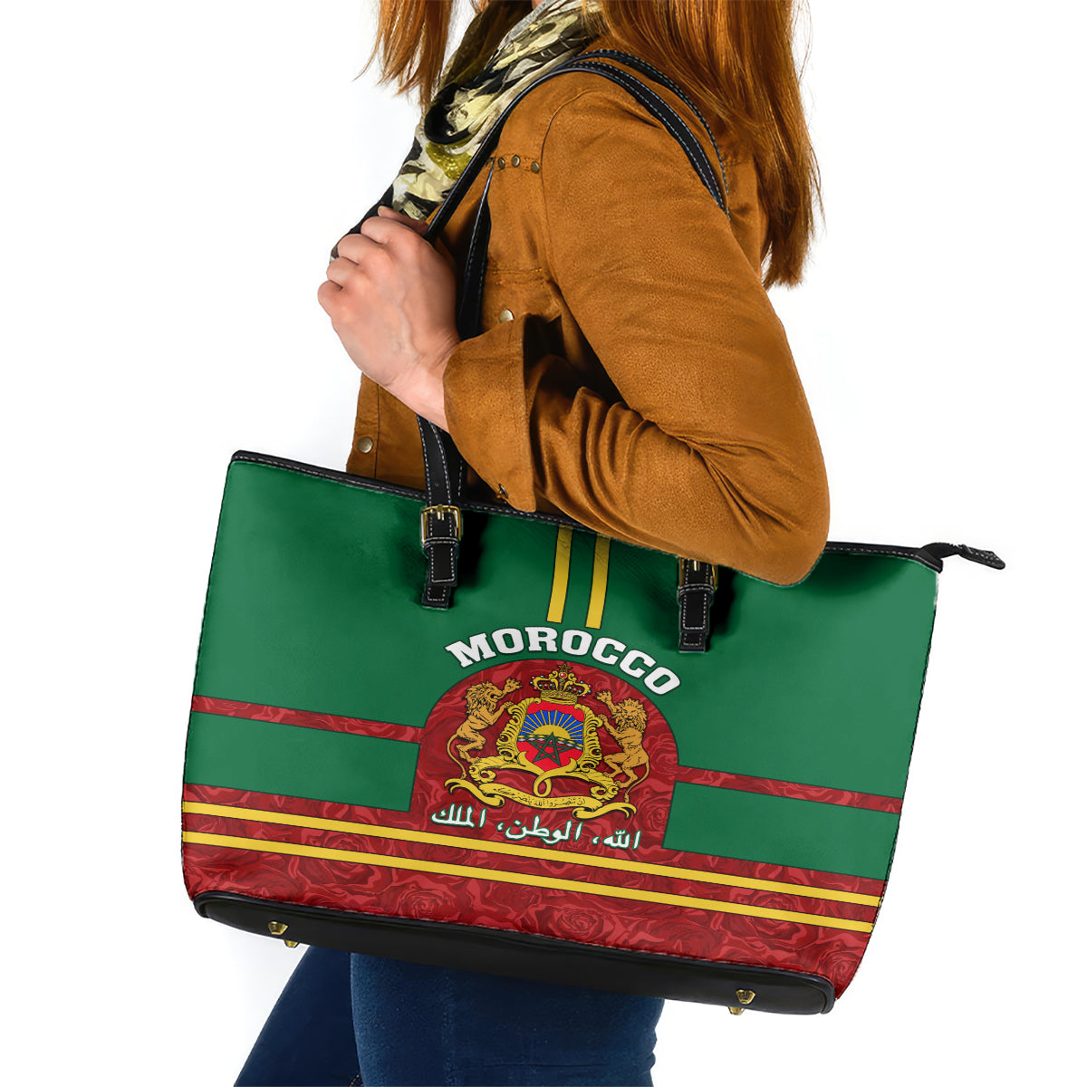 Morocco Proclamation Day Leather Tote Bag Marruecos Coat of Arms Roses Pattern - Wonder Print Shop