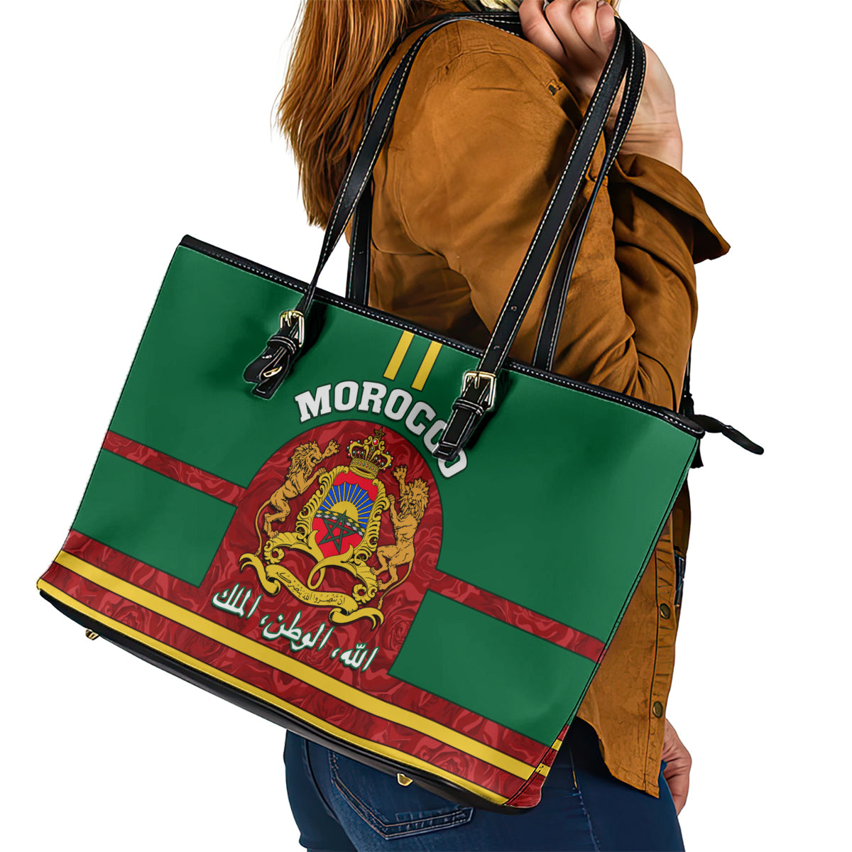 Morocco Proclamation Day Leather Tote Bag Marruecos Coat of Arms Roses Pattern - Wonder Print Shop