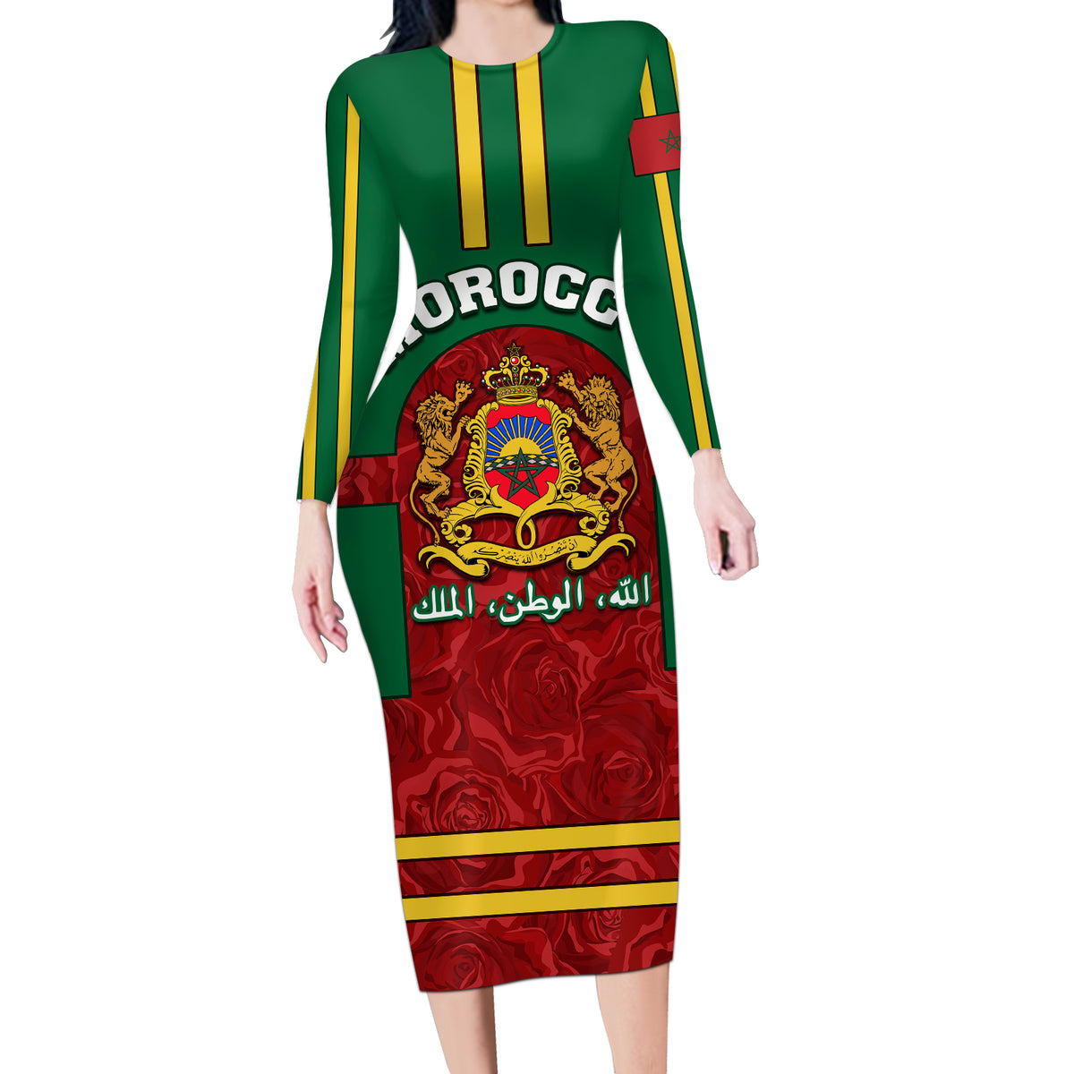 Morocco Proclamation Day Long Sleeve Bodycon Dress Marruecos Coat of Arms Roses Pattern - Wonder Print Shop