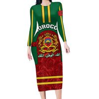 Morocco Proclamation Day Long Sleeve Bodycon Dress Marruecos Coat of Arms Roses Pattern - Wonder Print Shop