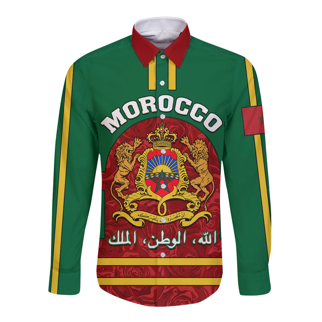 Morocco Proclamation Day Long Sleeve Button Shirt Marruecos Coat of Arms Roses Pattern - Wonder Print Shop