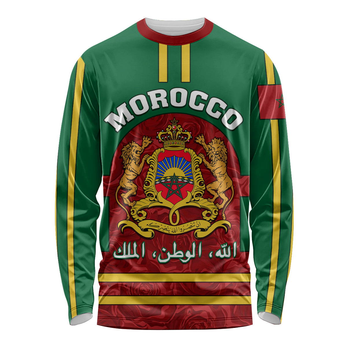 Morocco Proclamation Day Long Sleeve Shirt Marruecos Coat of Arms Roses Pattern - Wonder Print Shop