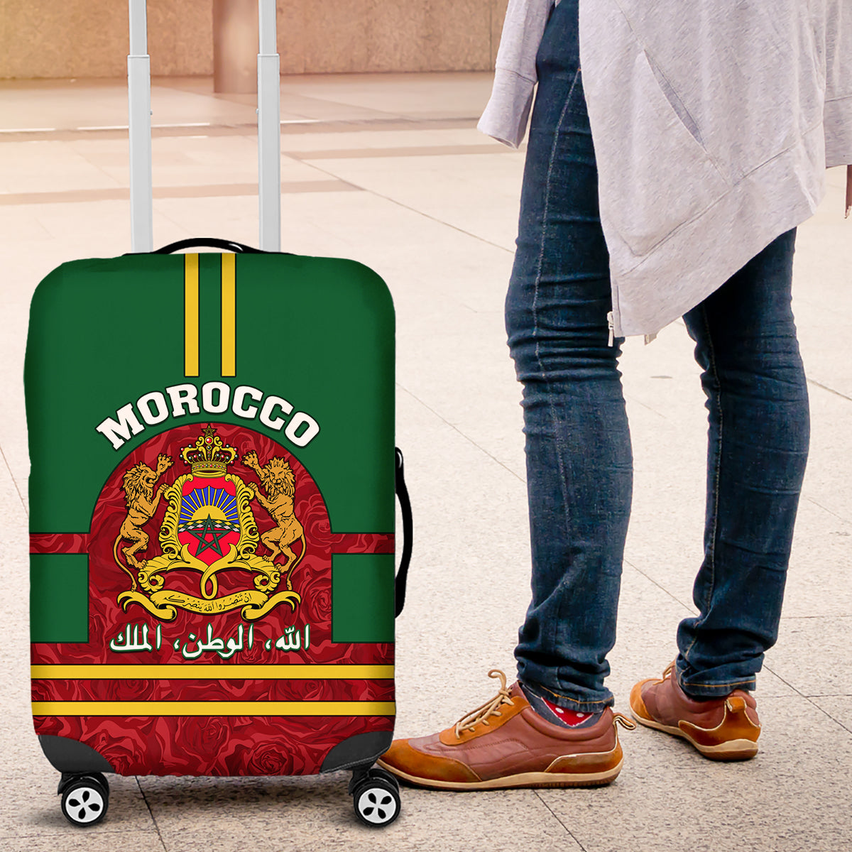 Morocco Proclamation Day Luggage Cover Marruecos Coat of Arms Roses Pattern - Wonder Print Shop