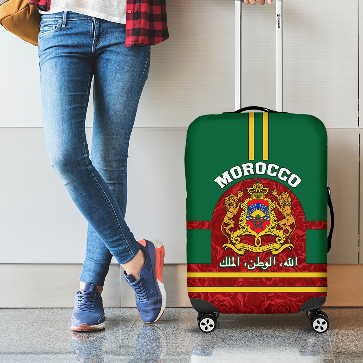 Morocco Proclamation Day Luggage Cover Marruecos Coat of Arms Roses Pattern - Wonder Print Shop
