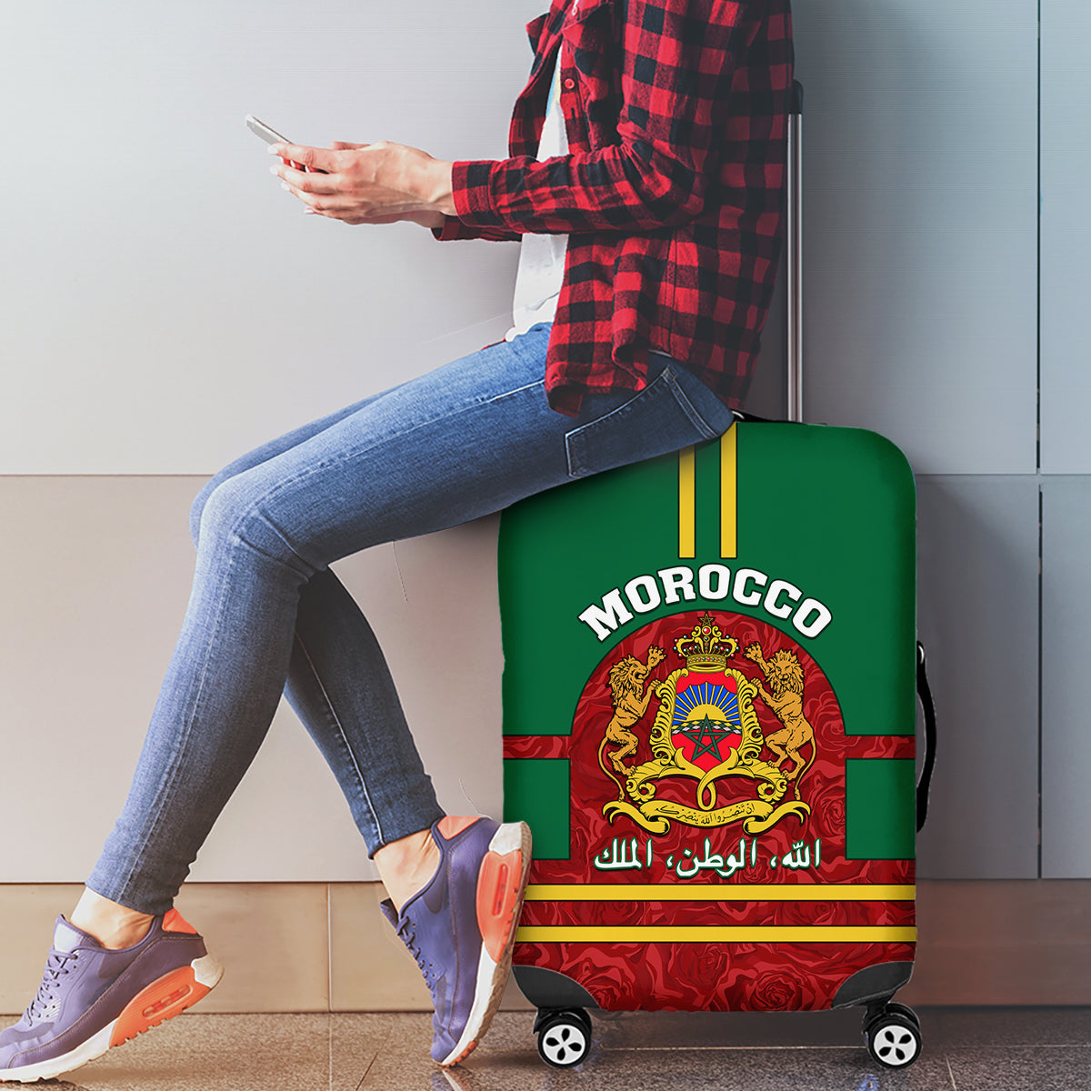 Morocco Proclamation Day Luggage Cover Marruecos Coat of Arms Roses Pattern - Wonder Print Shop