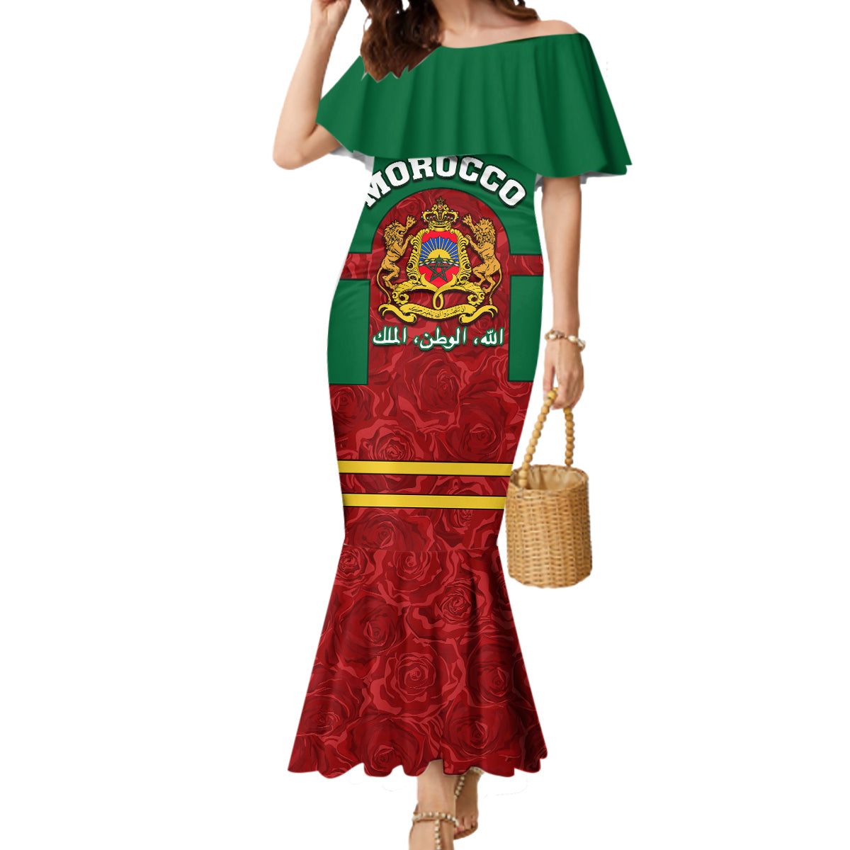 Morocco Proclamation Day Mermaid Dress Marruecos Coat of Arms Roses Pattern - Wonder Print Shop