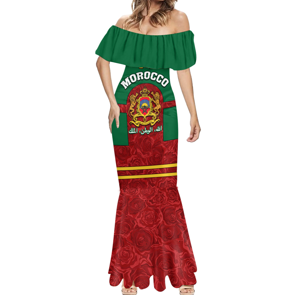 Morocco Proclamation Day Mermaid Dress Marruecos Coat of Arms Roses Pattern - Wonder Print Shop