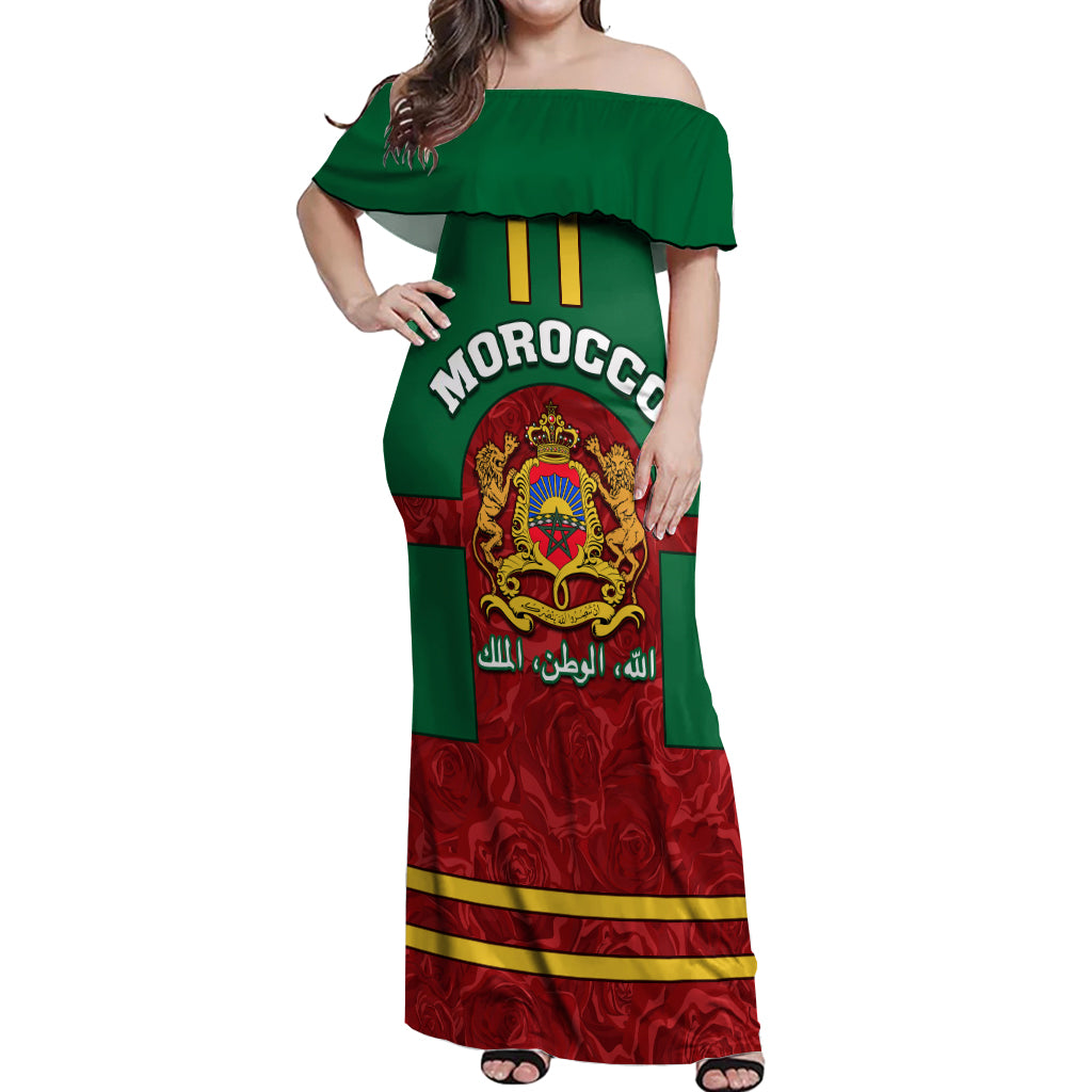 Morocco Proclamation Day Off Shoulder Maxi Dress Marruecos Coat of Arms Roses Pattern - Wonder Print Shop