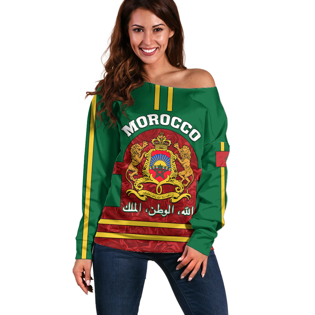 Morocco Proclamation Day Off Shoulder Sweater Marruecos Coat of Arms Roses Pattern - Wonder Print Shop