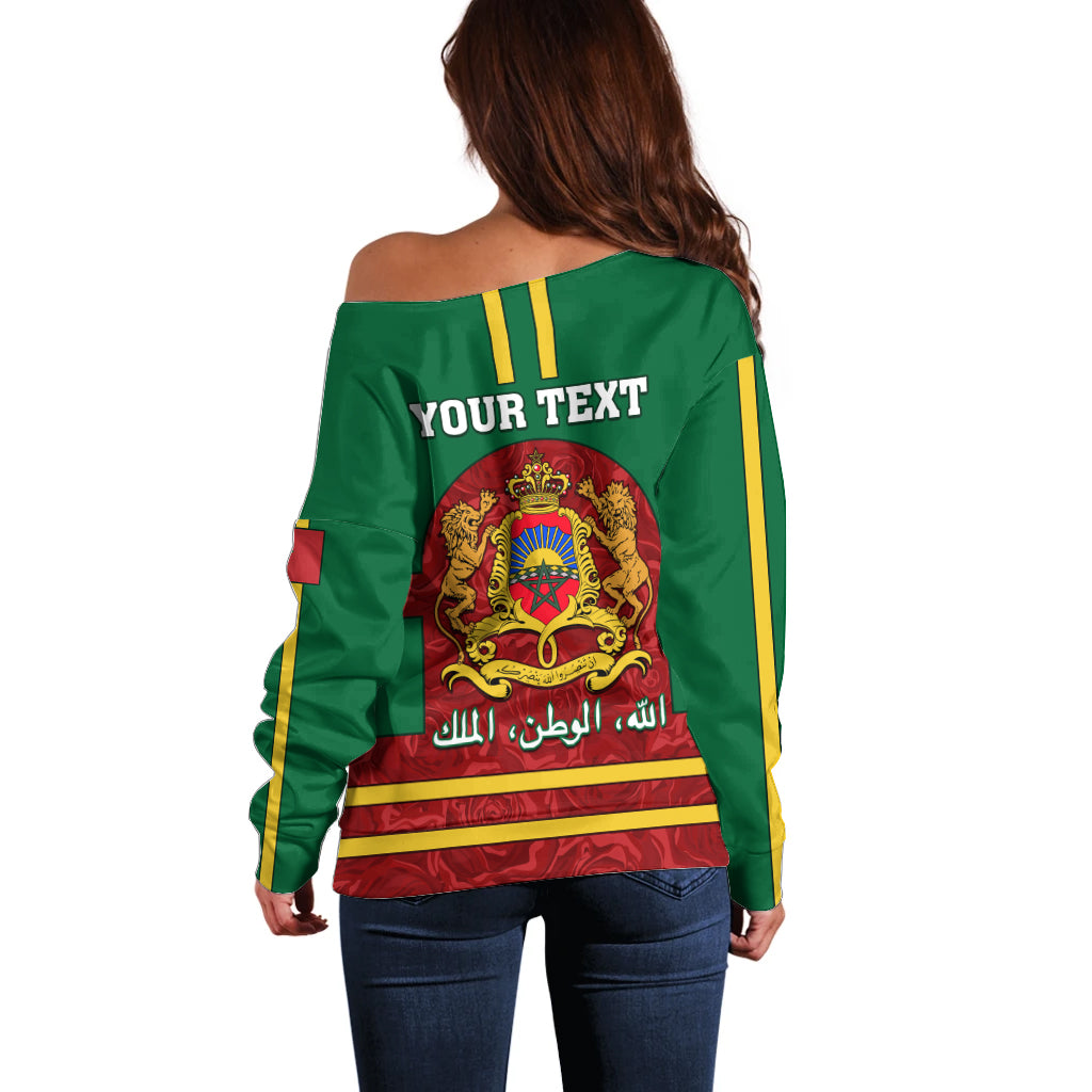 Morocco Proclamation Day Off Shoulder Sweater Marruecos Coat of Arms Roses Pattern - Wonder Print Shop