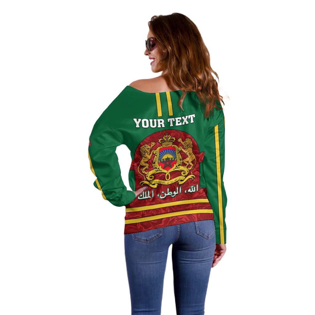Morocco Proclamation Day Off Shoulder Sweater Marruecos Coat of Arms Roses Pattern - Wonder Print Shop