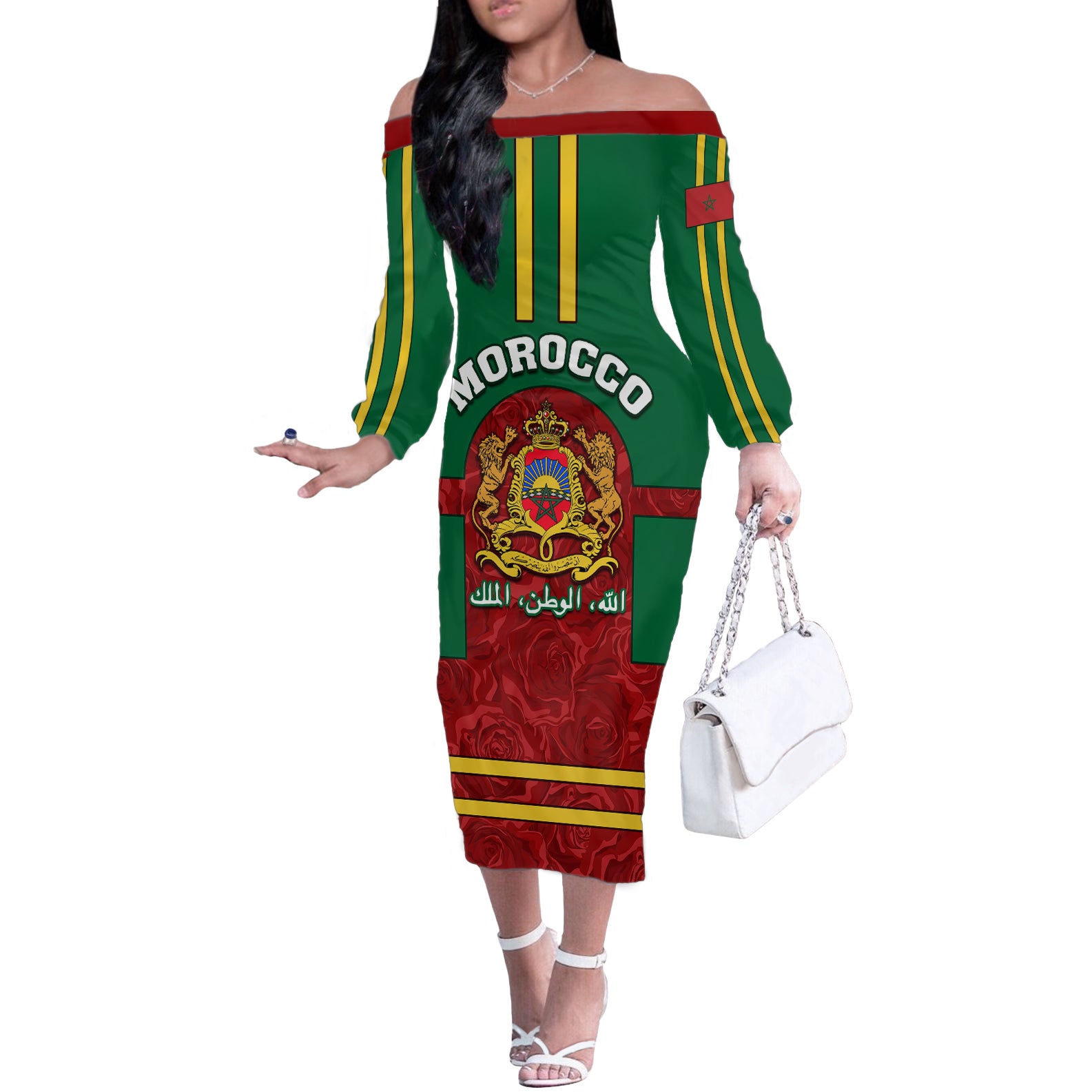 Morocco Proclamation Day Off The Shoulder Long Sleeve Dress Marruecos Coat of Arms Roses Pattern - Wonder Print Shop