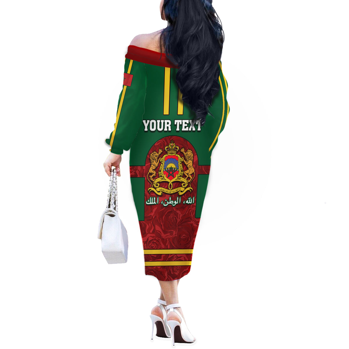 Morocco Proclamation Day Off The Shoulder Long Sleeve Dress Marruecos Coat of Arms Roses Pattern - Wonder Print Shop