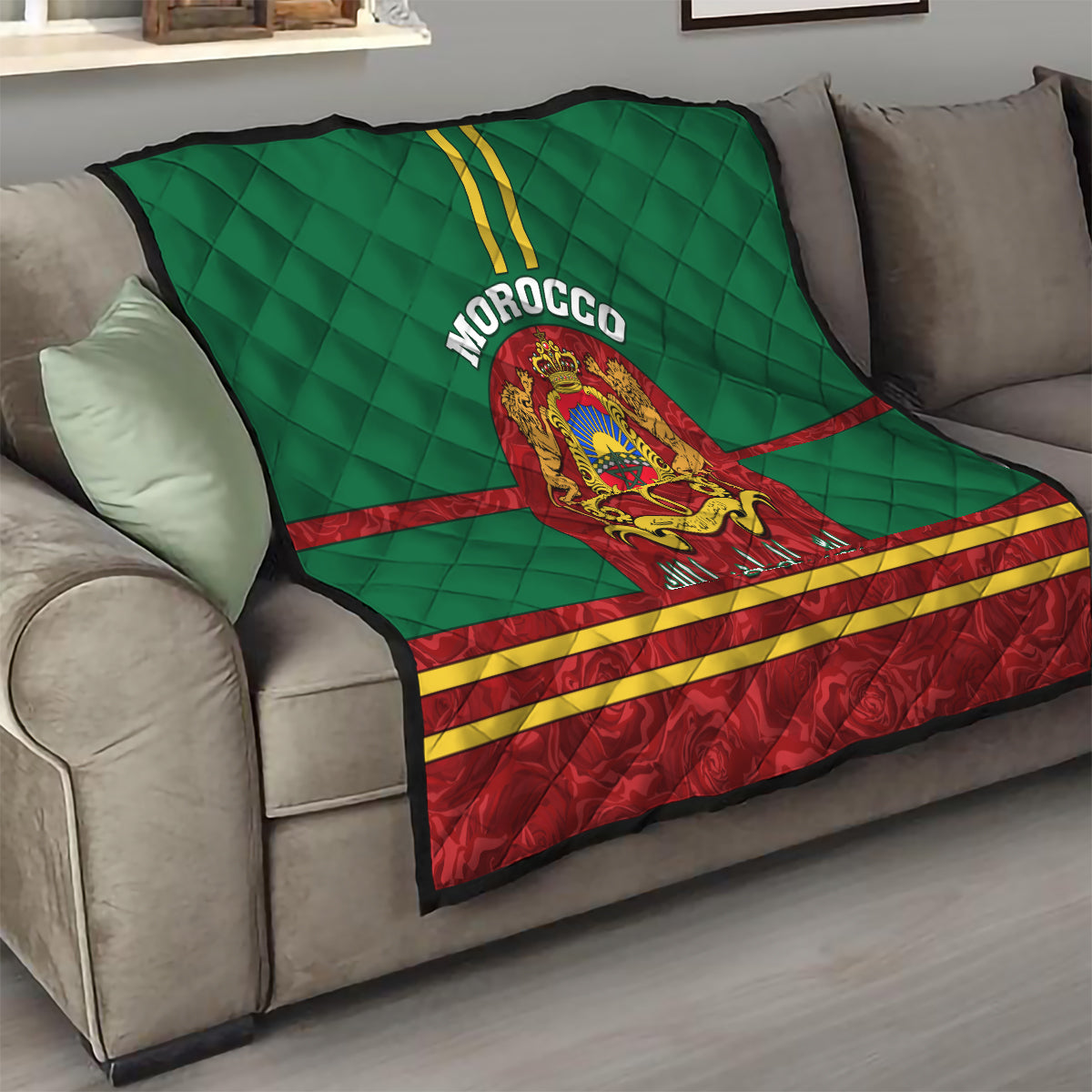 Morocco Proclamation Day Quilt Marruecos Coat of Arms Roses Pattern - Wonder Print Shop