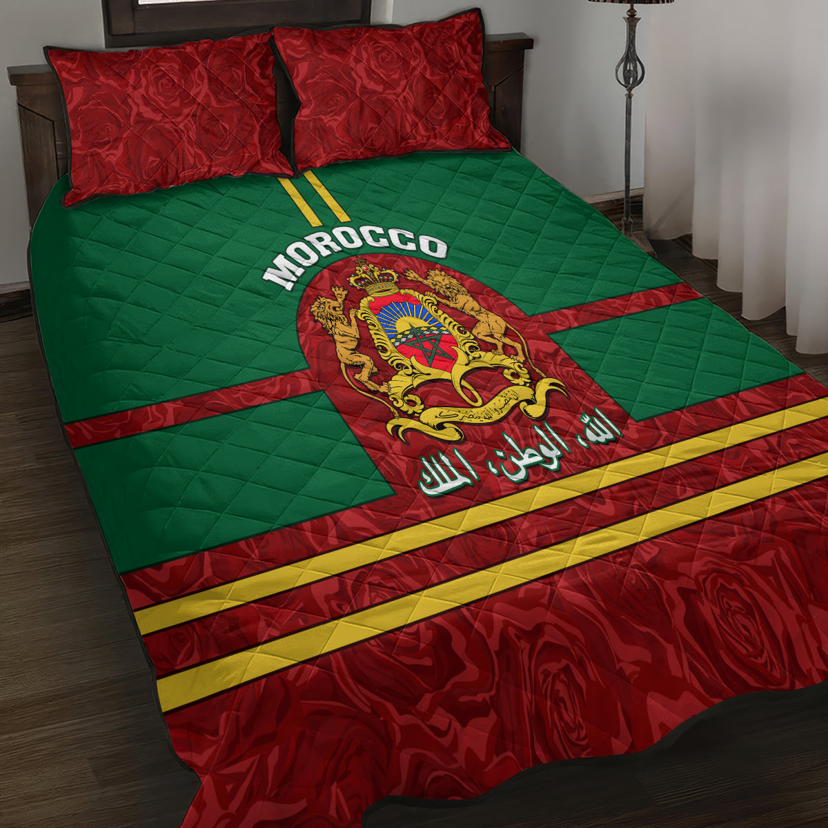 Morocco Proclamation Day Quilt Bed Set Marruecos Coat of Arms Roses Pattern - Wonder Print Shop