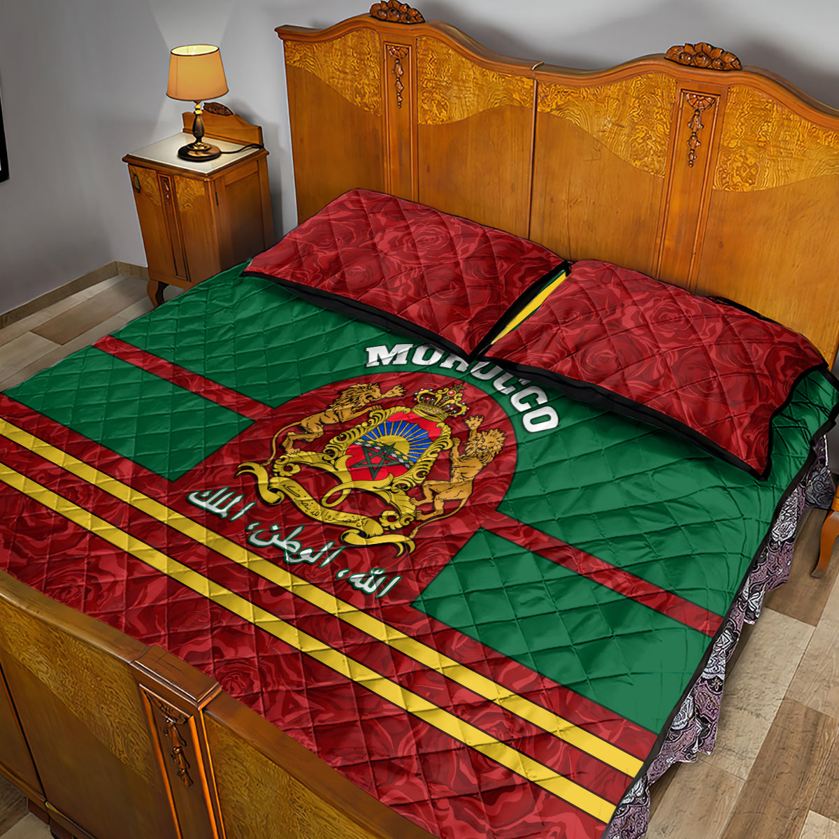 Morocco Proclamation Day Quilt Bed Set Marruecos Coat of Arms Roses Pattern - Wonder Print Shop