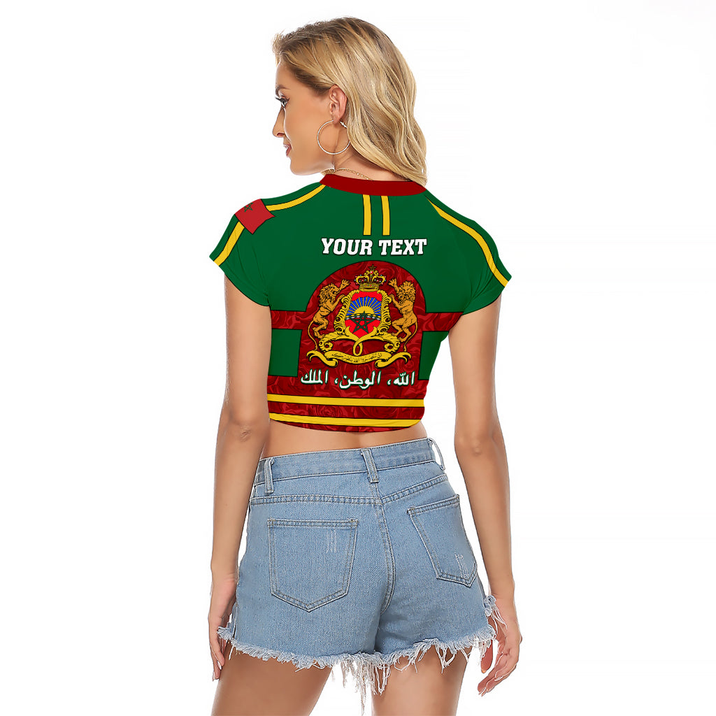 Morocco Proclamation Day Raglan Cropped T Shirt Marruecos Coat of Arms Roses Pattern - Wonder Print Shop