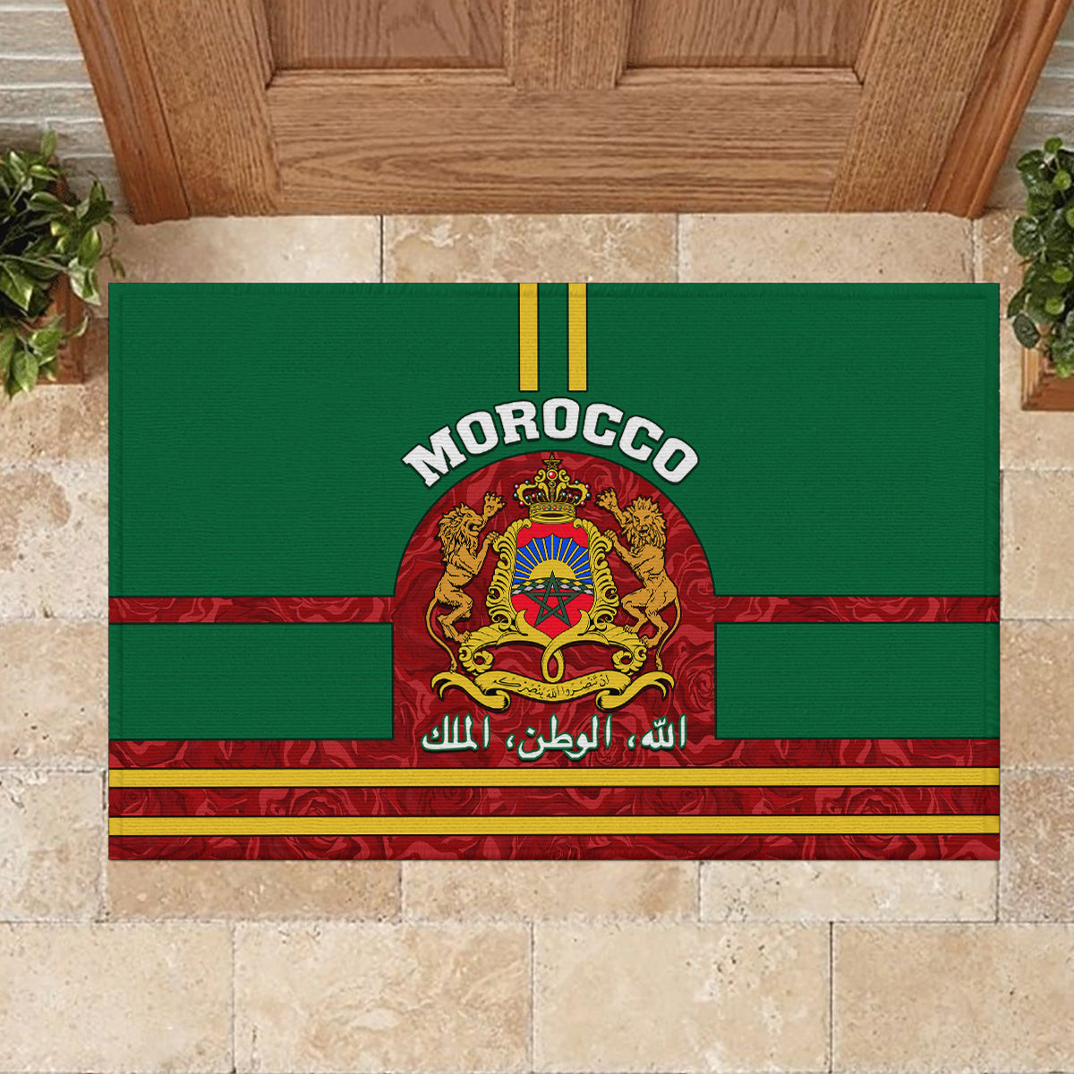 Morocco Proclamation Day Rubber Doormat Marruecos Coat of Arms Roses Pattern - Wonder Print Shop