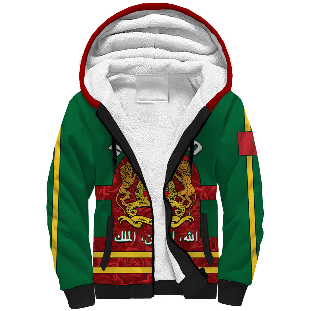 Morocco Proclamation Day Sherpa Hoodie Marruecos Coat of Arms Roses Pattern - Wonder Print Shop
