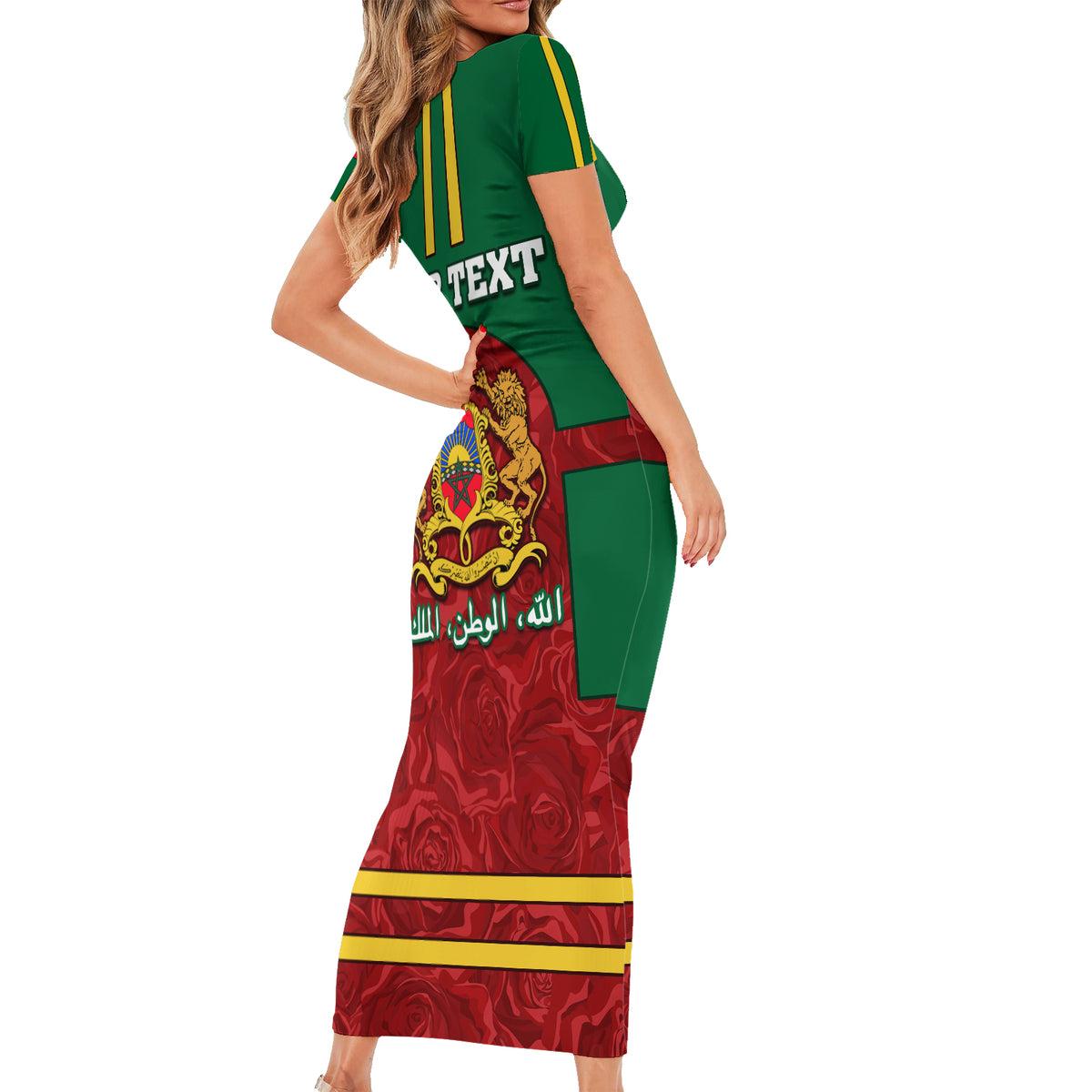 Morocco Proclamation Day Short Sleeve Bodycon Dress Marruecos Coat of Arms Roses Pattern - Wonder Print Shop
