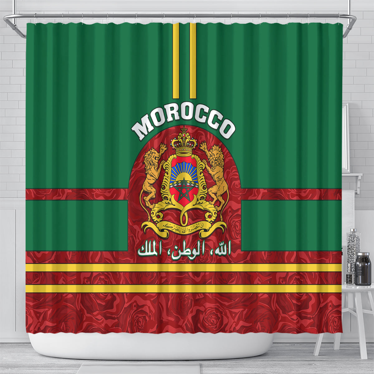 morocco-proclamation-day-shower-curtain-marruecos-coat-of-arms-roses-pattern