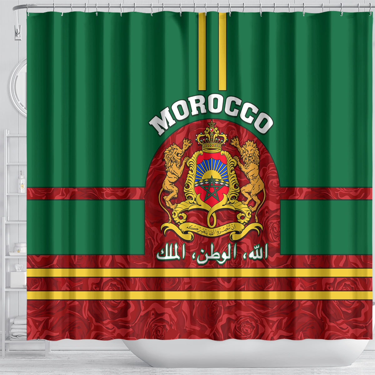 morocco-proclamation-day-shower-curtain-marruecos-coat-of-arms-roses-pattern